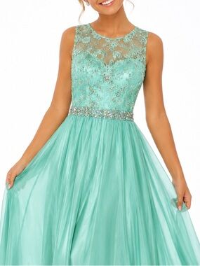 Rianna Couture Embellished light sea Green Chiffon Dress prom full length
